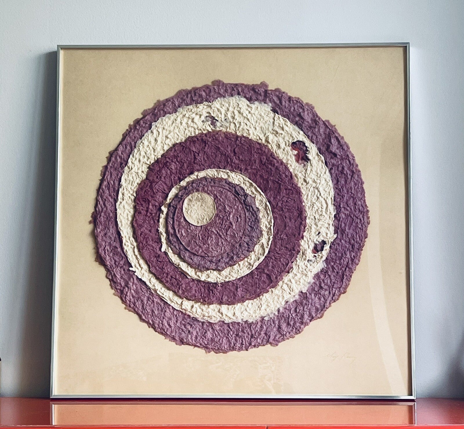 Cast Paper Monoprint Purple Mod Geometric Signed May Reisz 1970s 1980s Framed1