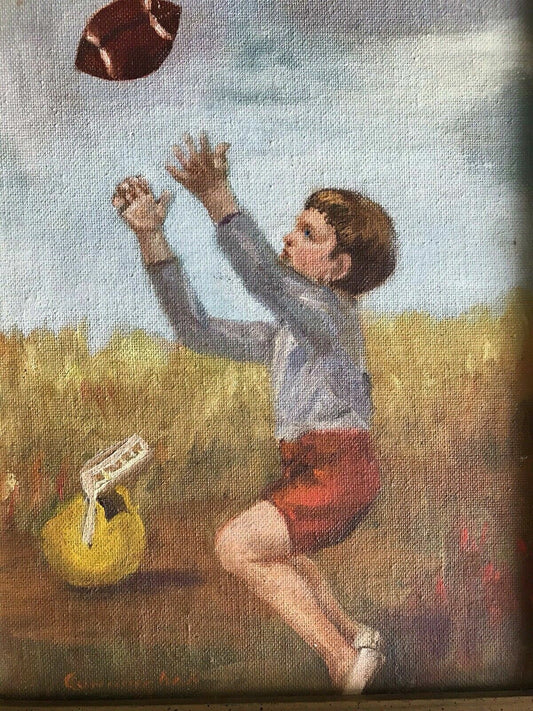 Boy With Football Original Art MCM Vintage Acrylic Painting Signed CUNNINGHAM0