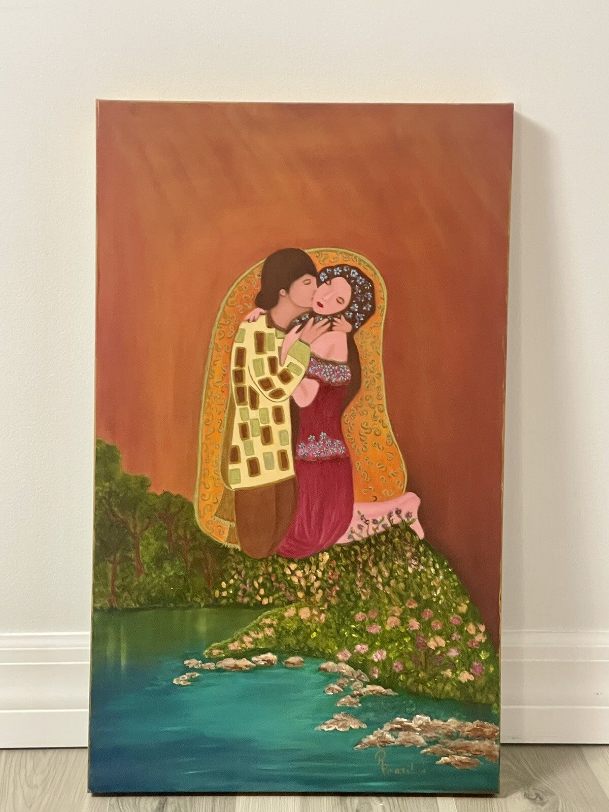EL BESO Kiss Original Painting Klimt Style Signed Portillo 2013 Fine Art 18 x 301