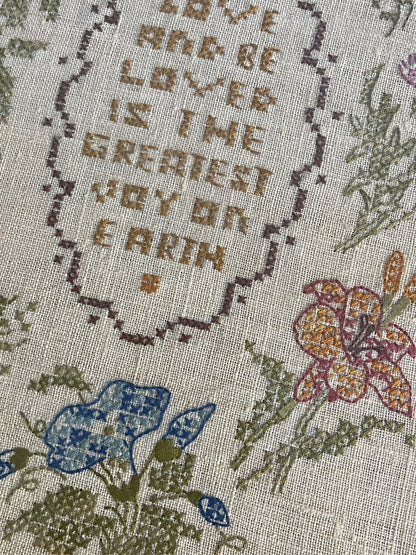 Sampler Art Pair Vintage 1970s Embroidery Needlepoint LOVE Floral Cottage Retro3