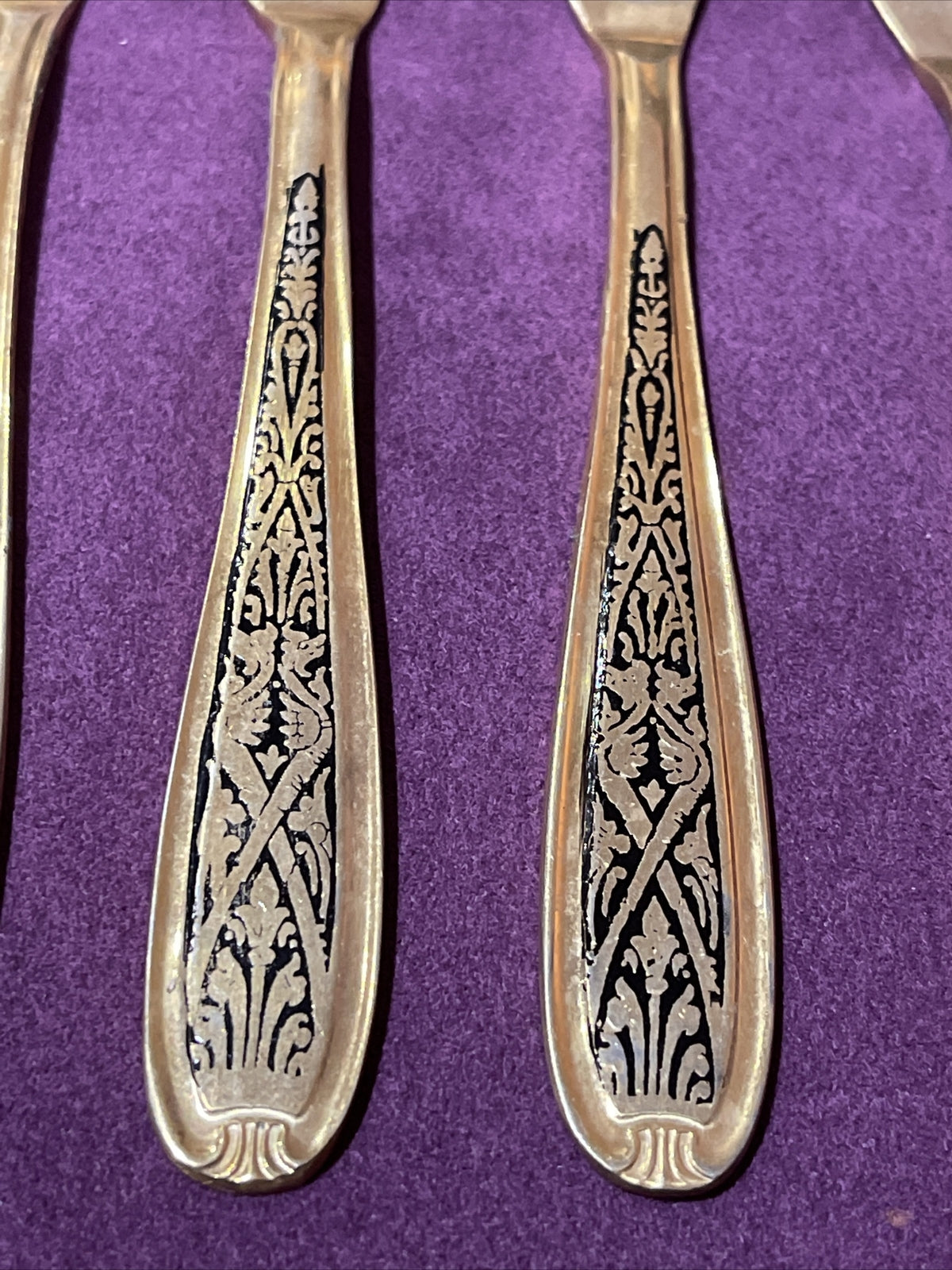 Antique Gallo Alpaca Fish Knives Set of 5 Gold Plated Ornate Enamel Estate MCM2
