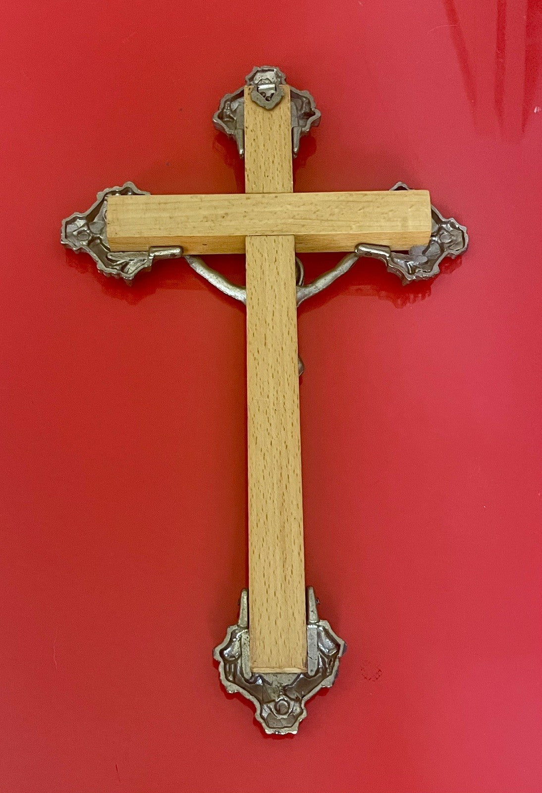 Vintage Cast Metal & Oak Wall Cross Crucifix 12” MCM Ornate Italian Retro Style2