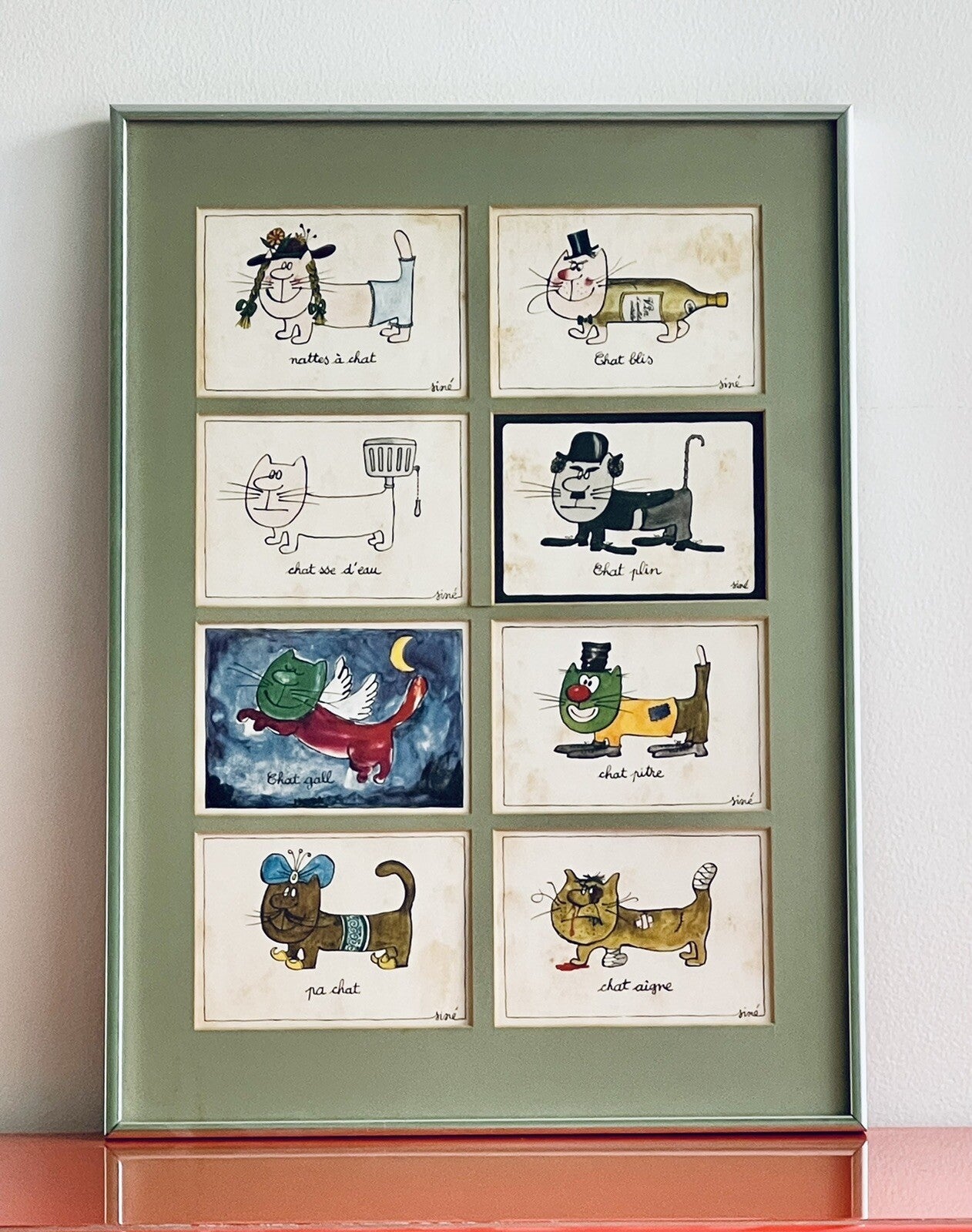 French Cat Postcards 60s 70s Visual Puns Cartoonist Maurice Sinet Framed Siné0