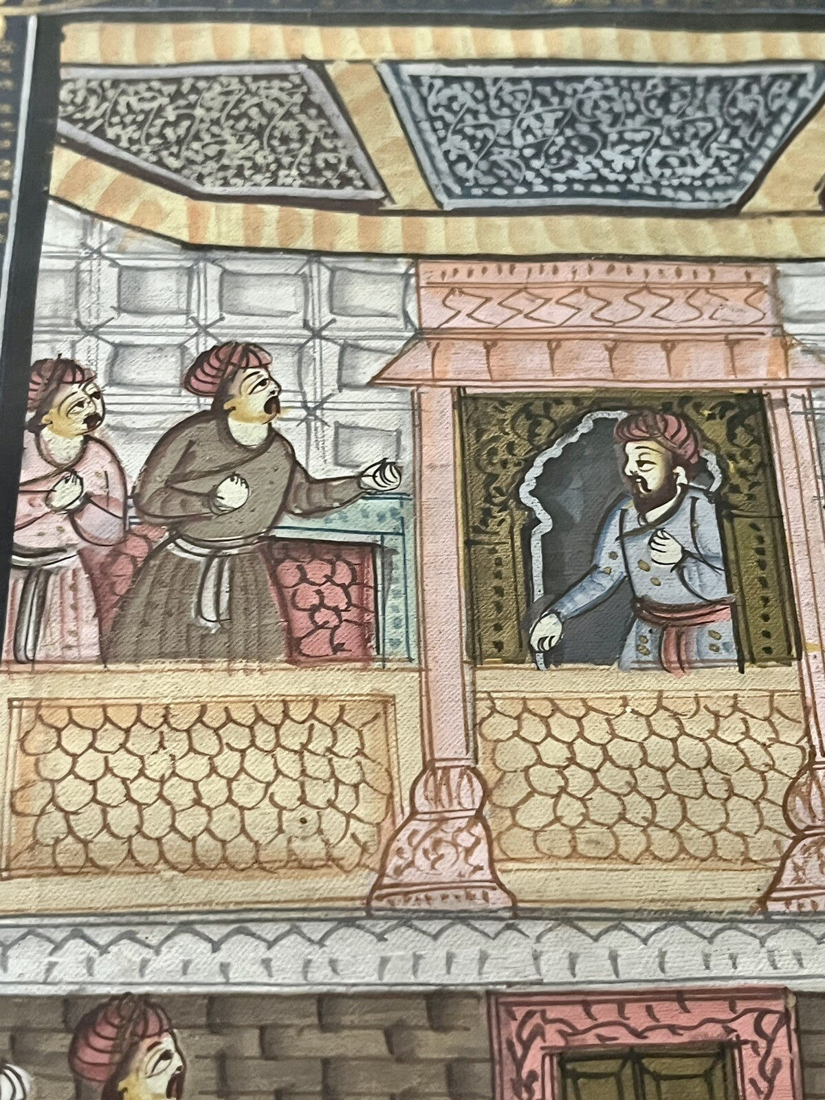 Pair Antique 19th c. Indo-Persian Palace Scenes Mughal Framed Watercolor Ink Art4