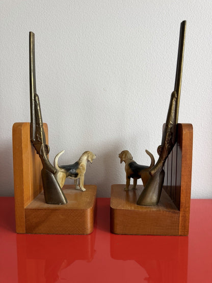 Retro Bookends Hunting Pointer Dogs Shotguns MCM Man Cave Cold Painted Metal Mod2
