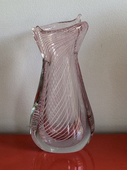 Art Glass Vase 12” Murano? Czech? 80s 90s Mod White Pink & Clear Lattice Estate0