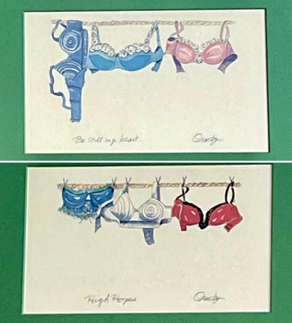 Watercolor BRASSIERE BRA Paintings Signed Frame Whimsical Bathroom Boudoir Decor0