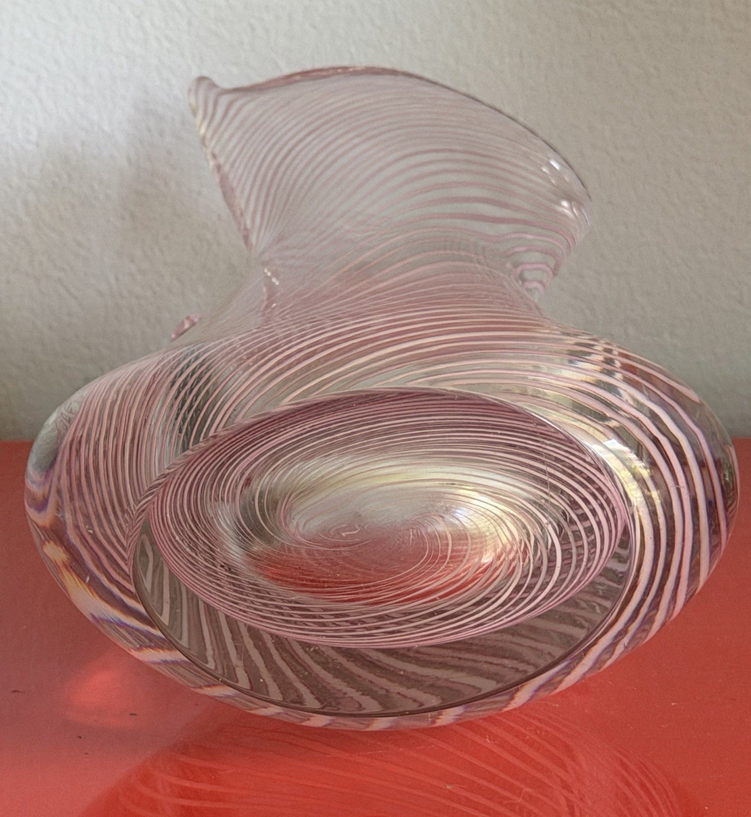 Art Glass Vase 12” Murano? Czech? 80s 90s Mod White Pink & Clear Lattice Estate5