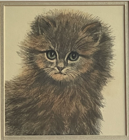 OOAK Cat Kitten Hand-Colored Pastel Lithograph Art Signed Gatterbauer Framed #80
