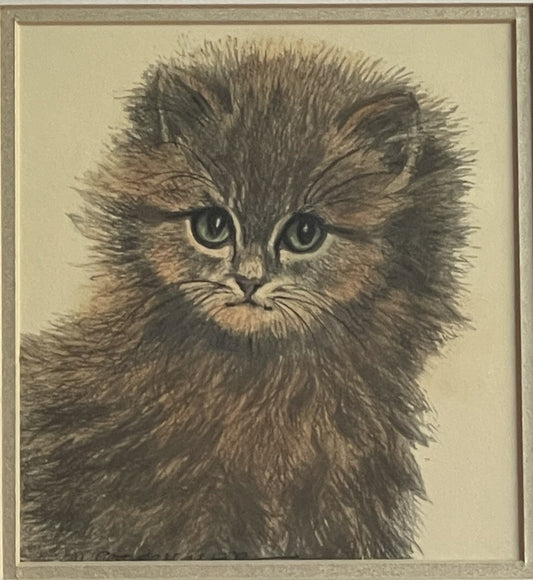 OOAK Cat Kitten Hand-Colored Pastel Lithograph Art Signed Gatterbauer Framed #80