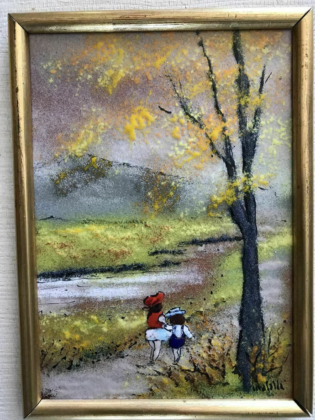 Copper Enamel Painting MAFALDA Children On Path 12” x 16” Louis Cardin Era 1970s1