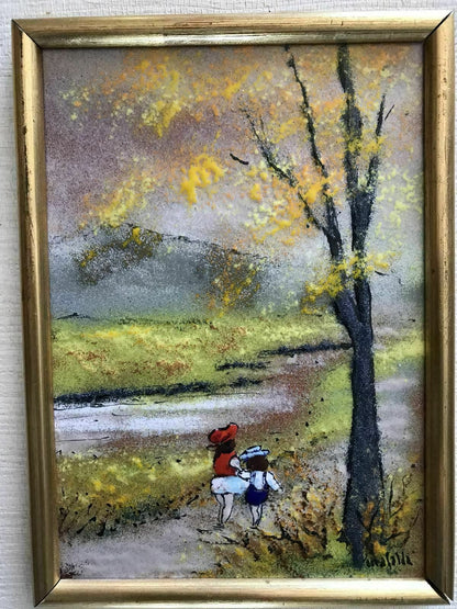 Copper Enamel Painting MAFALDA Children On Path 12” x 16” Louis Cardin Era 1970s1