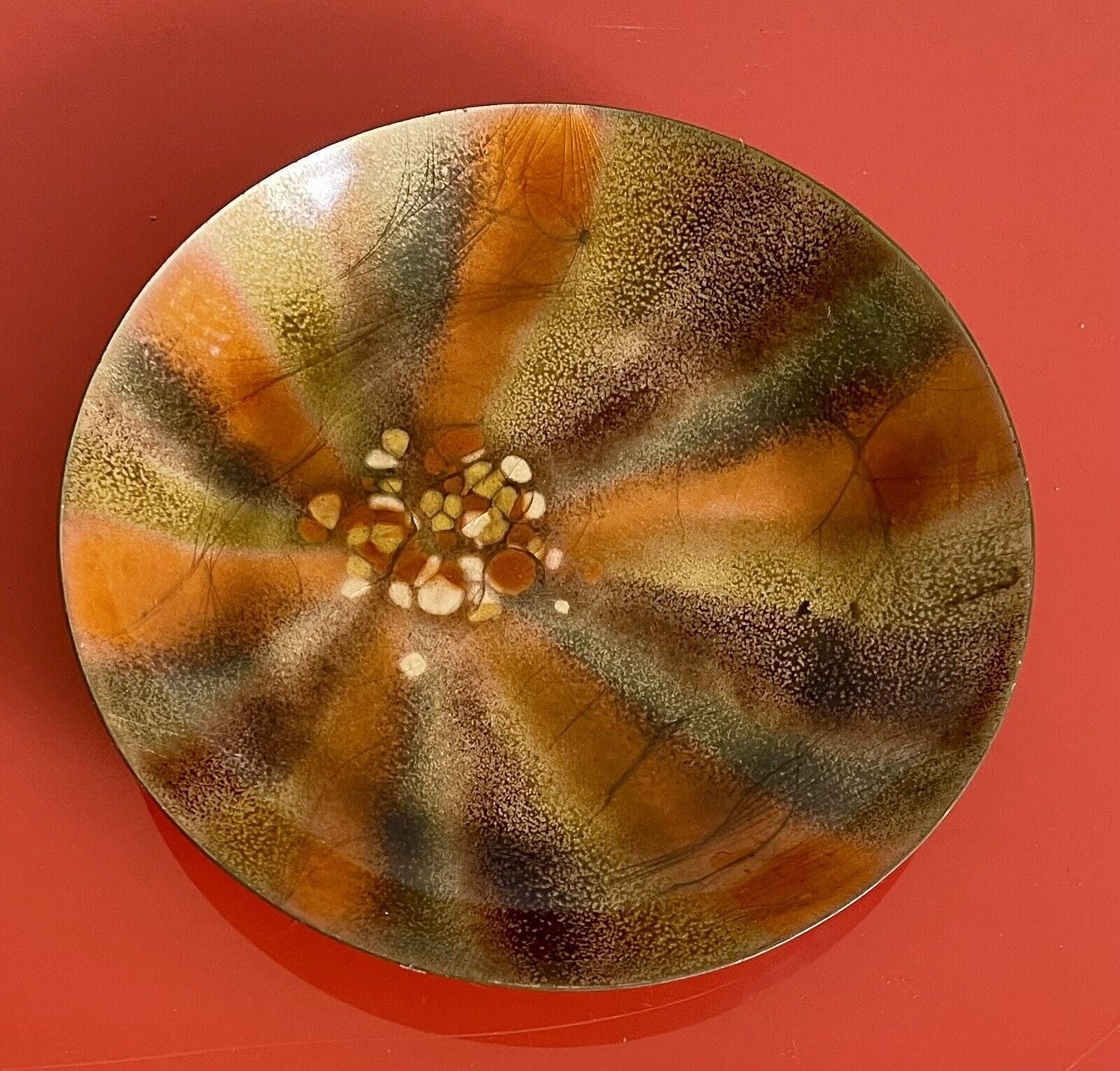 Vintage 1960s Retro Copper Enamel Set 3X Signed Shulman MCM Abstract Sunburst3