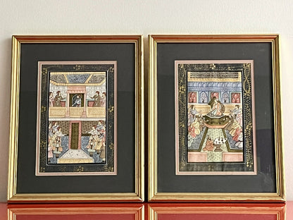 Pair Antique 19th c. Indo-Persian Palace Scenes Mughal Framed Watercolor Ink Art0
