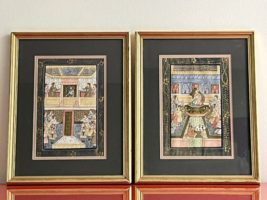 Pair Antique 19th c. Indo-Persian Palace Scenes Mughal Framed Watercolor Ink Art0