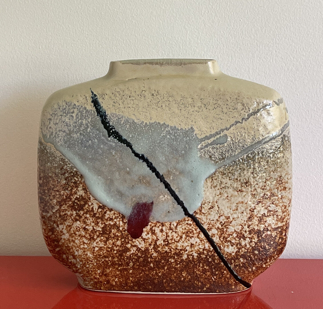 John Shedd 12” Studio Art Pottery Ceramic Vase 70s 80s Abstract Modernist Glaze0
