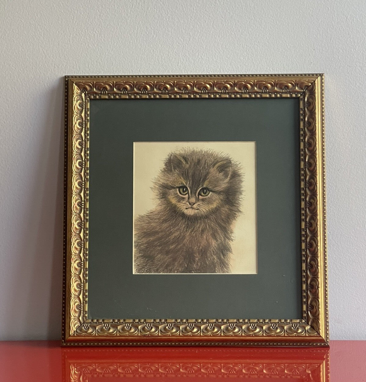 OOAK Cat Kitten Hand-Colored Pastel Lithograph Art Signed Gatterbauer Framed #91