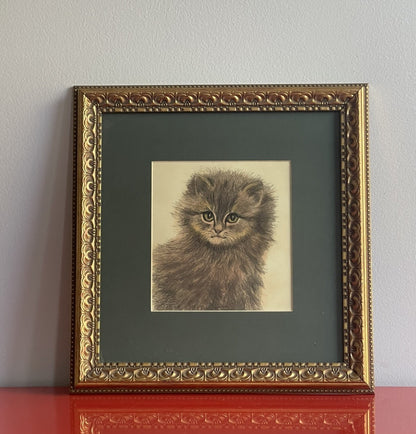 OOAK Cat Kitten Hand-Colored Pastel Lithograph Art Signed Gatterbauer Framed #91