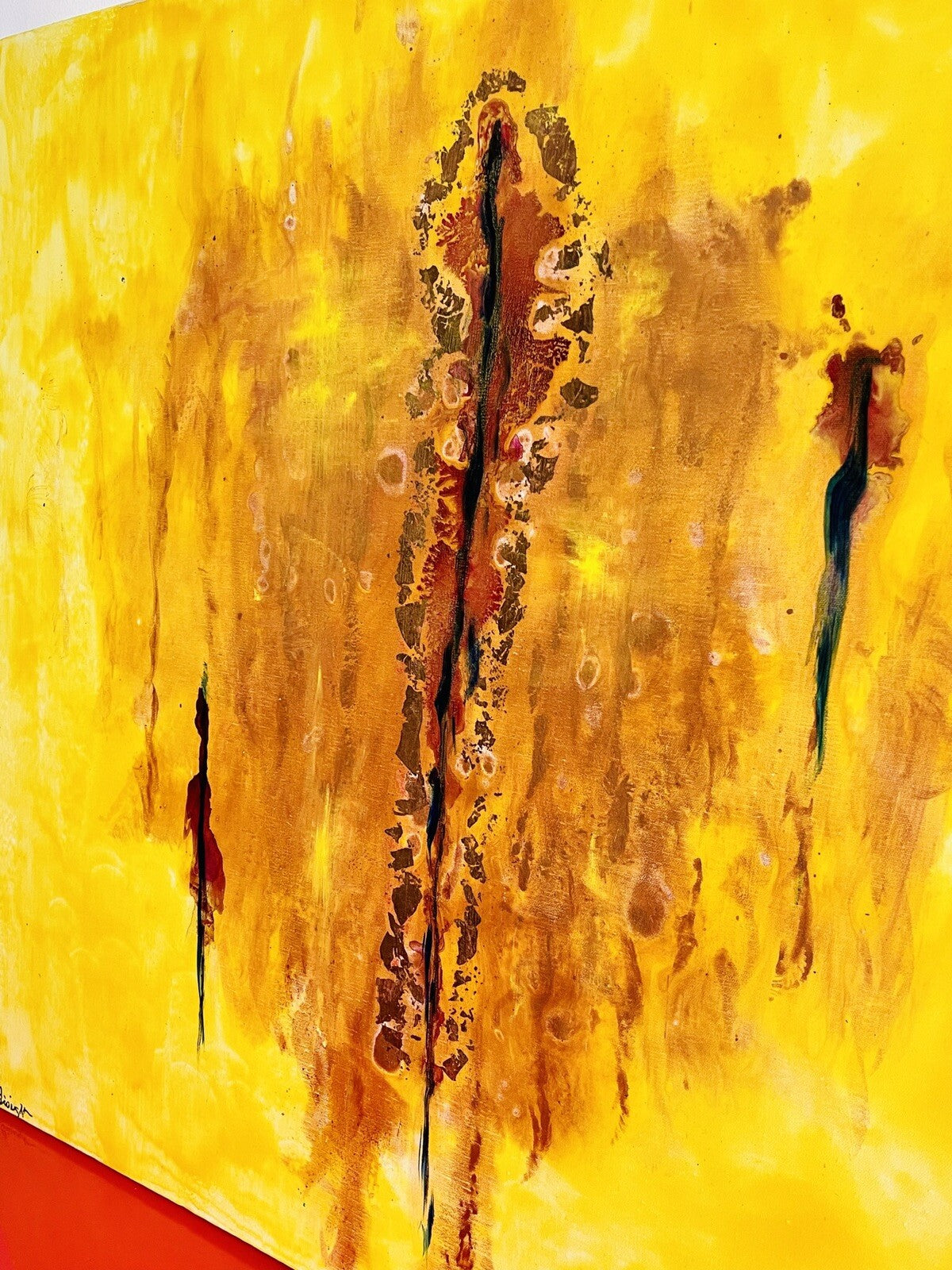 HUGE Retro 1970s Original Painting 36” x 36” Sunshine Yellow Abstract Art Signed1