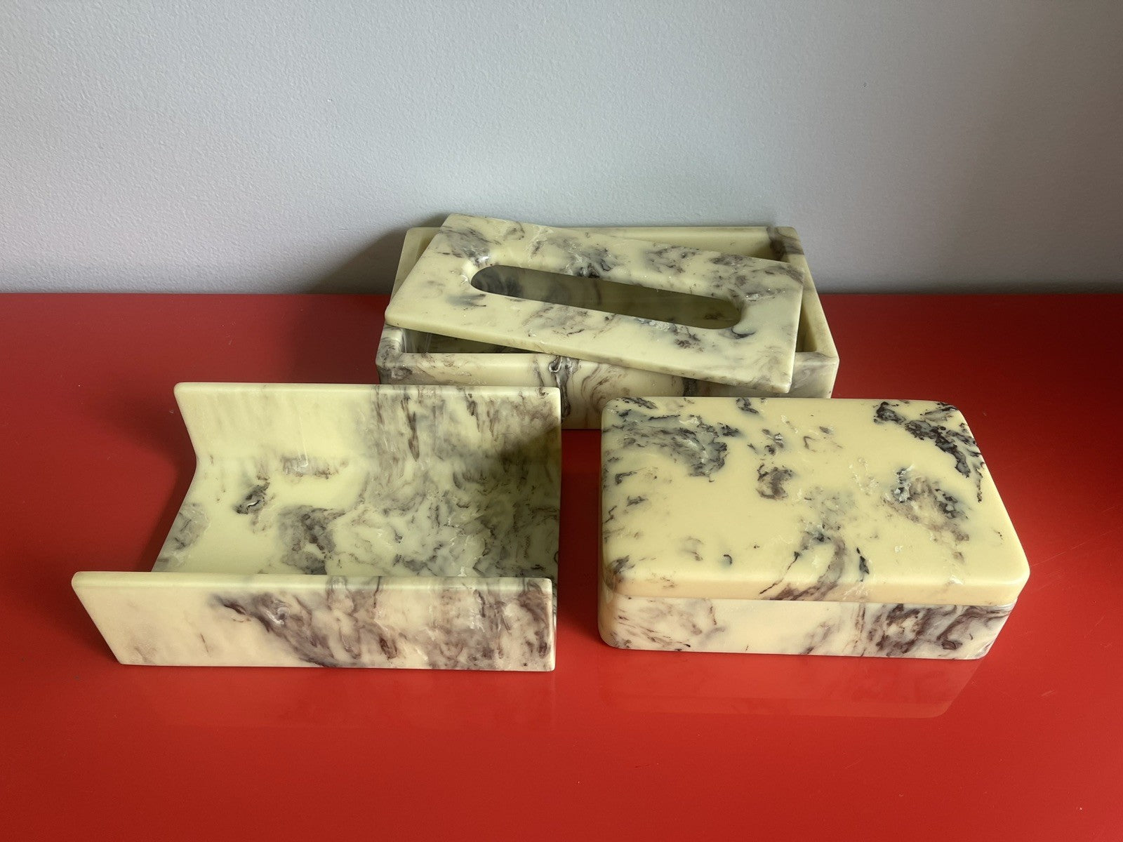 Retro Midcentury Bathroom Set Agate Composite Marble Swirl Hollywood Regency 3pc0
