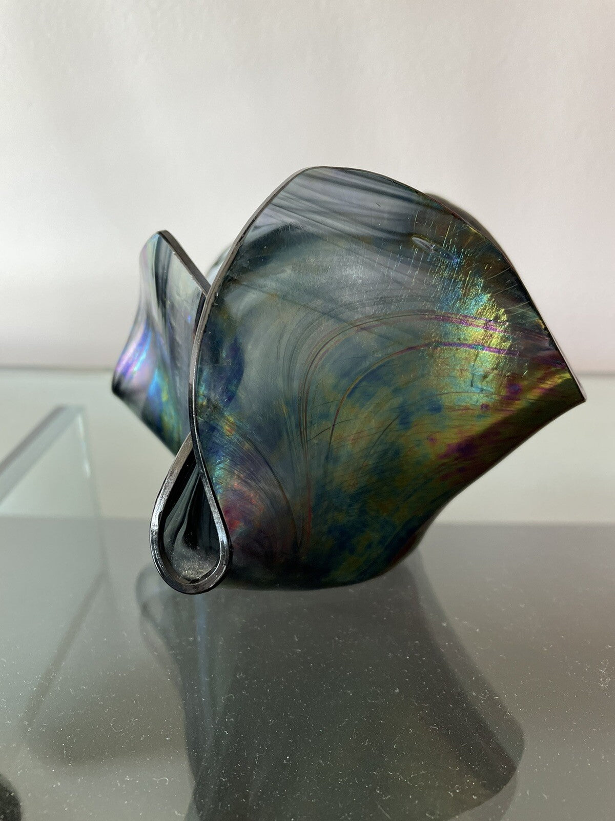 Iridescent Fazzoletto Folded Handkerchief Art Glass Signed Vintage 4” x 6” Excl7
