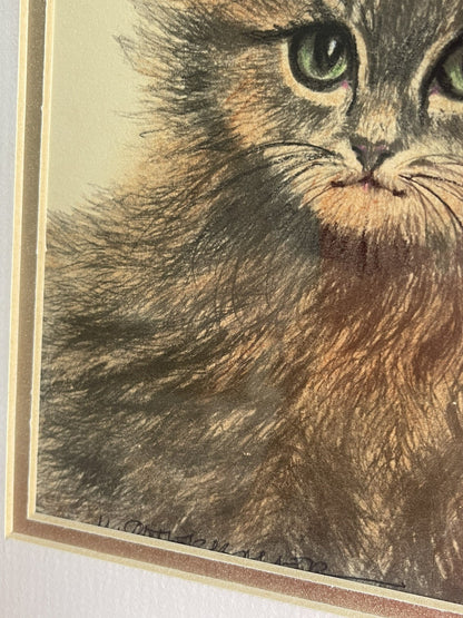 OOAK Cat Kitten Hand-Colored Pastel Lithograph Art Signed Gatterbauer Framed #83
