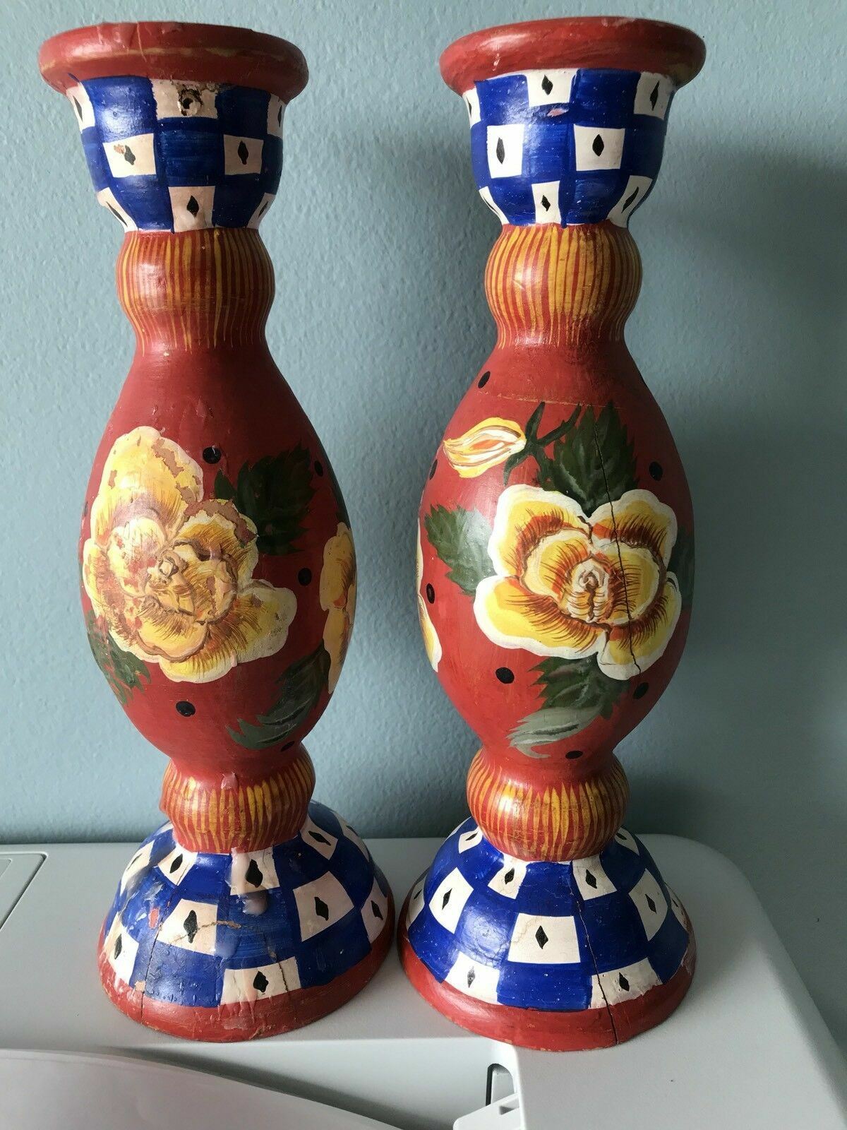 Tracy Porter Signed Candlestick Pair Hand Painted 1995 AS IS Shabby Chic Country0