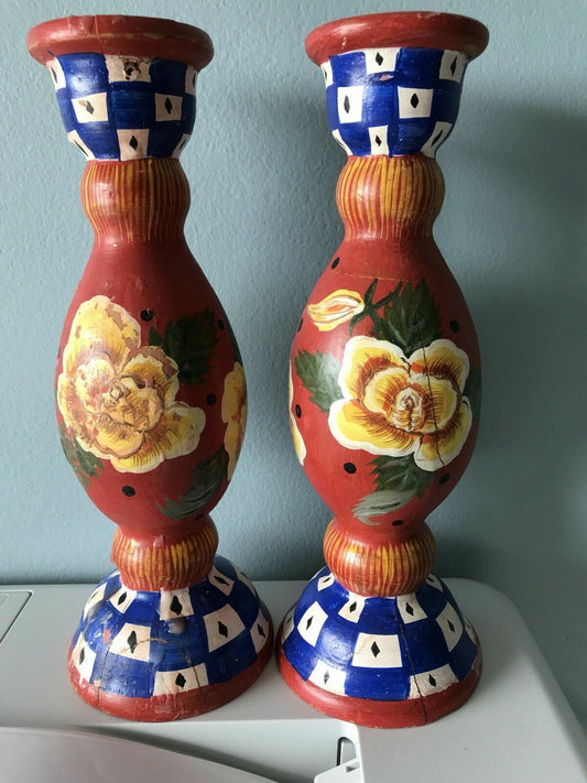 Tracy Porter Signed Candlestick Pair Hand Painted 1995 AS IS Shabby Chic Country0
