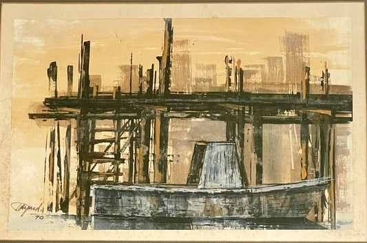 Original 1970 Abstract Modernist Dock Painting Plein Air Illegibly Signed Framed0