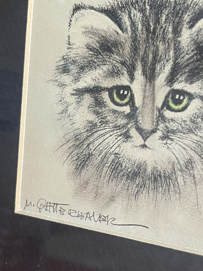 OOAK Cat Kitten Hand-Colored Pastel Lithograph Art Signed Gatterbauer Framed #43