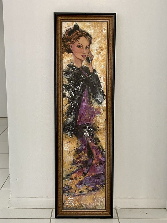 52” Orig Impasto Painting Sultry Telephone Girl Signed Postmodern Memphis Vibes0