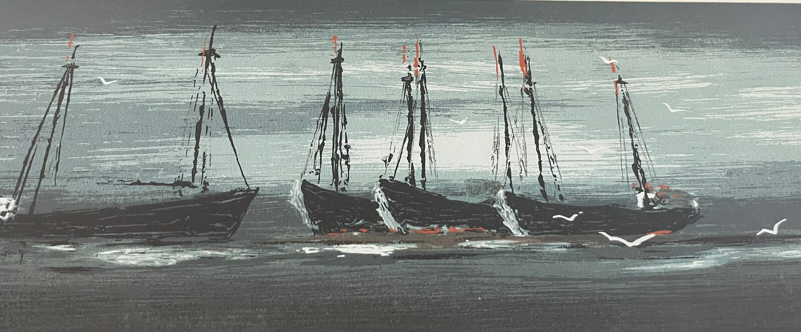 MCM Modernist Nautical Sailboats Panoramic Fine Art Print Vintage 50s 60s Framed1