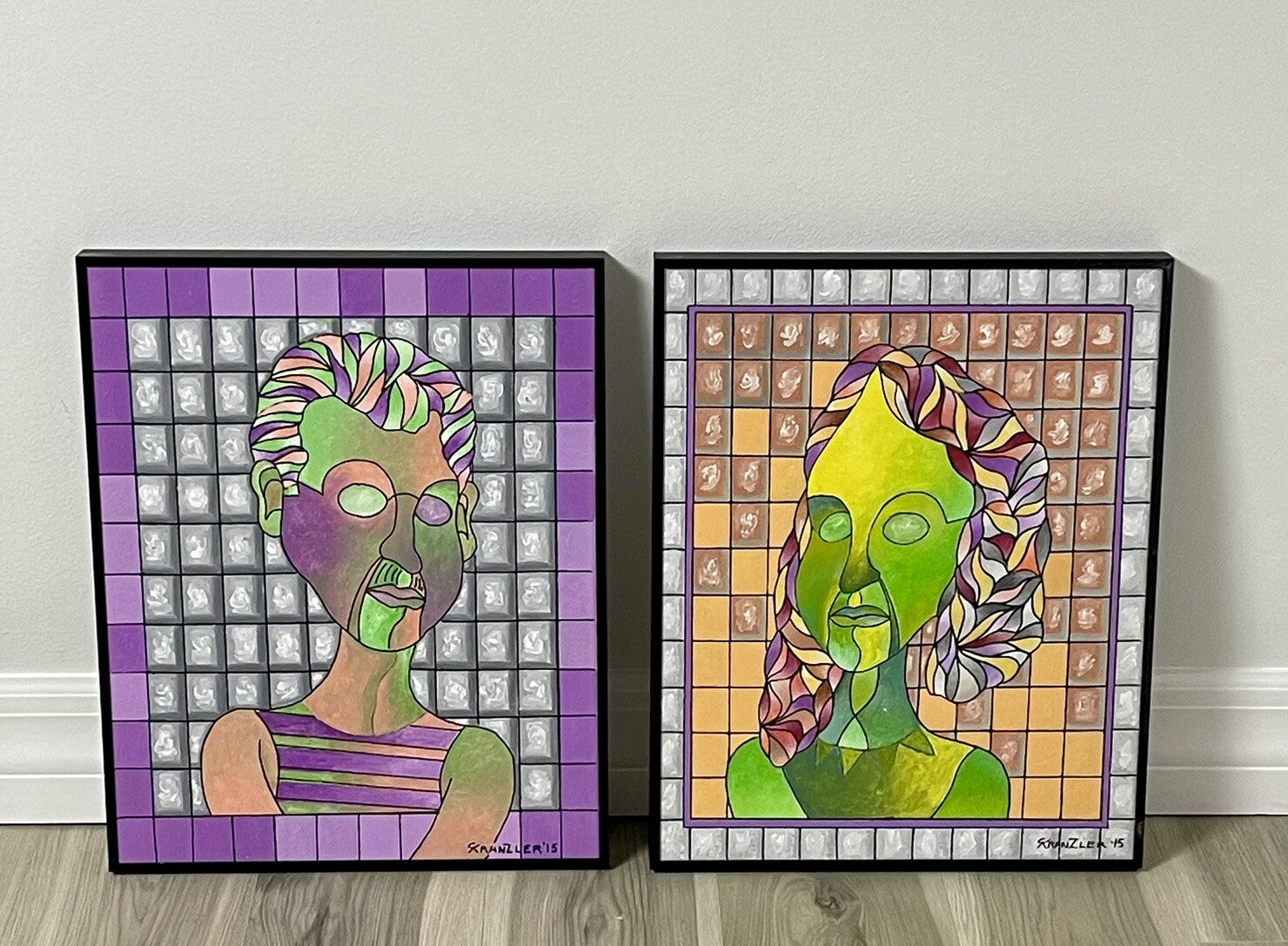 Weird & Crazy Original Fine Art Couple Portrait PAIR Painting On Canvas Unusual0
