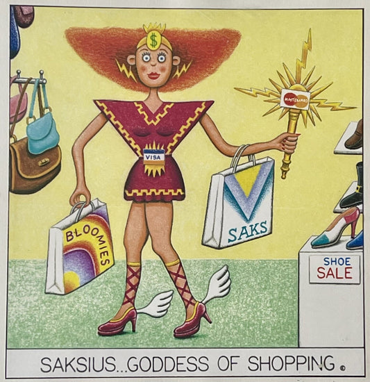 Comic Art Litho Goddess Of Shopping Print Signed John Long 95 Cartoon Shopaholic0