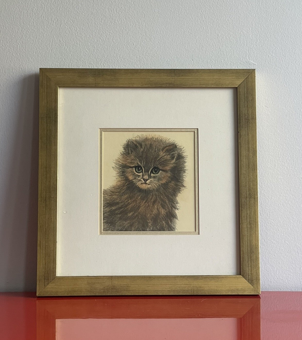 OOAK Cat Kitten Hand-Colored Pastel Lithograph Art Signed Gatterbauer Framed #81