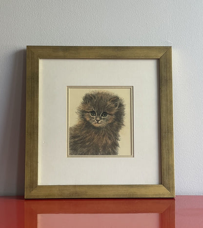 OOAK Cat Kitten Hand-Colored Pastel Lithograph Art Signed Gatterbauer Framed #81