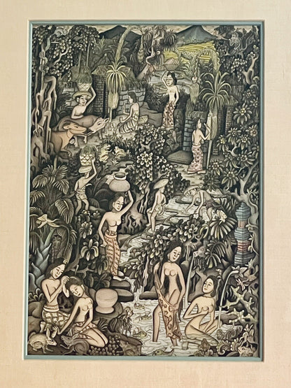 1950s Indonesian Batuan Bali Ink & Watercolor Allegory Painting Midcentury Mod2