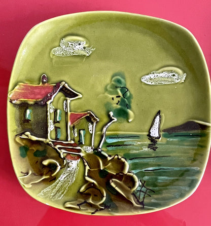 Mod Vintage MCM 1960s Hand Painted Ceramic Landscape Display Plates ITALY Kitsch1