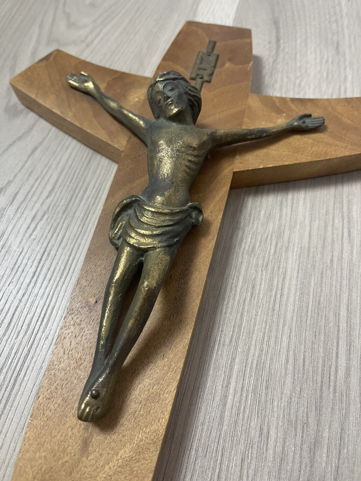 Modernist Bronze Brass & Wood Wall Cross Crucifix 12” MCM Retro Vintage Style0