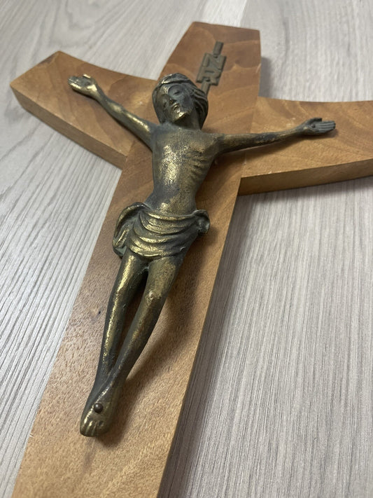 Modernist Bronze Brass & Wood Wall Cross Crucifix 12” MCM Retro Vintage Style0