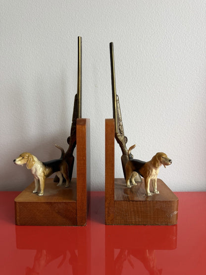 Retro Bookends Hunting Pointer Dogs Shotguns MCM Man Cave Cold Painted Metal Mod1