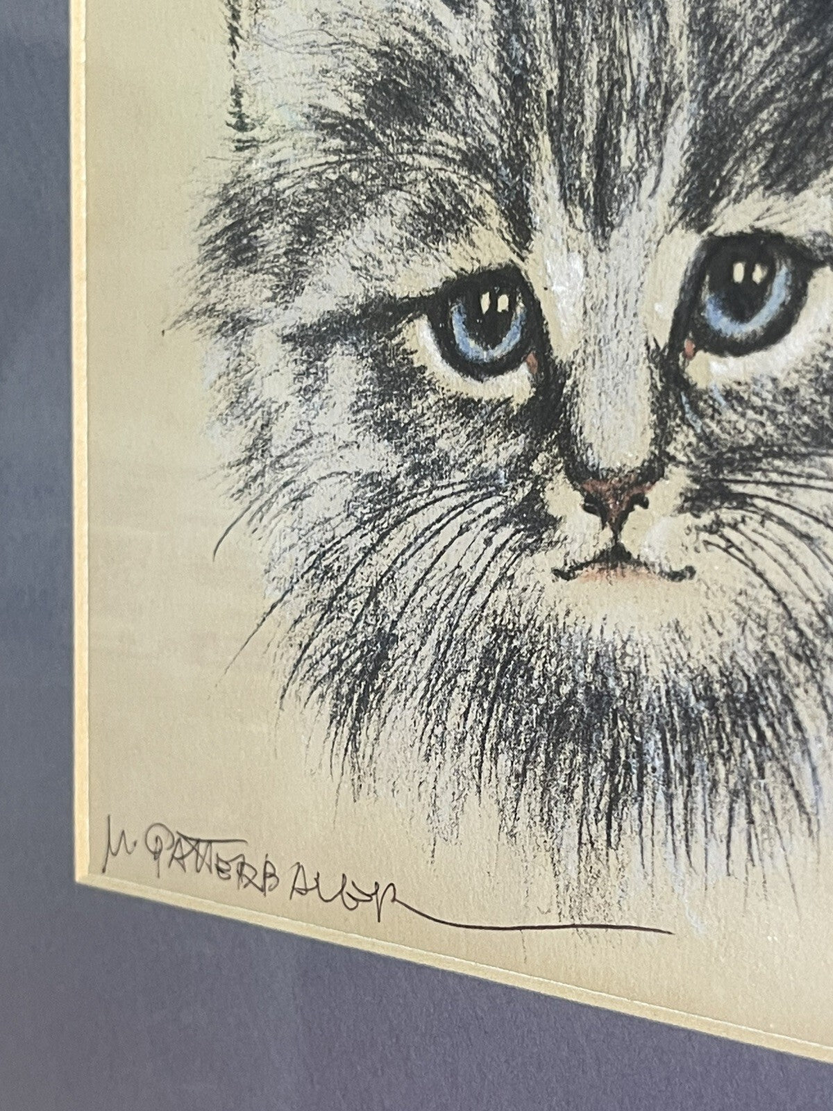 OOAK Cat Kitten Hand-Colored Pastel Lithograph Art Signed Gatterbauer Framed #23