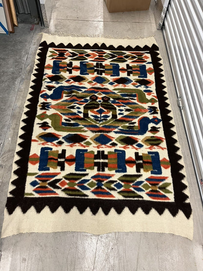 Pictorial Tribal Wool Rug Kilim VINTAGE ESTATE FIND Geometric Birds 5’ x 7.5’4