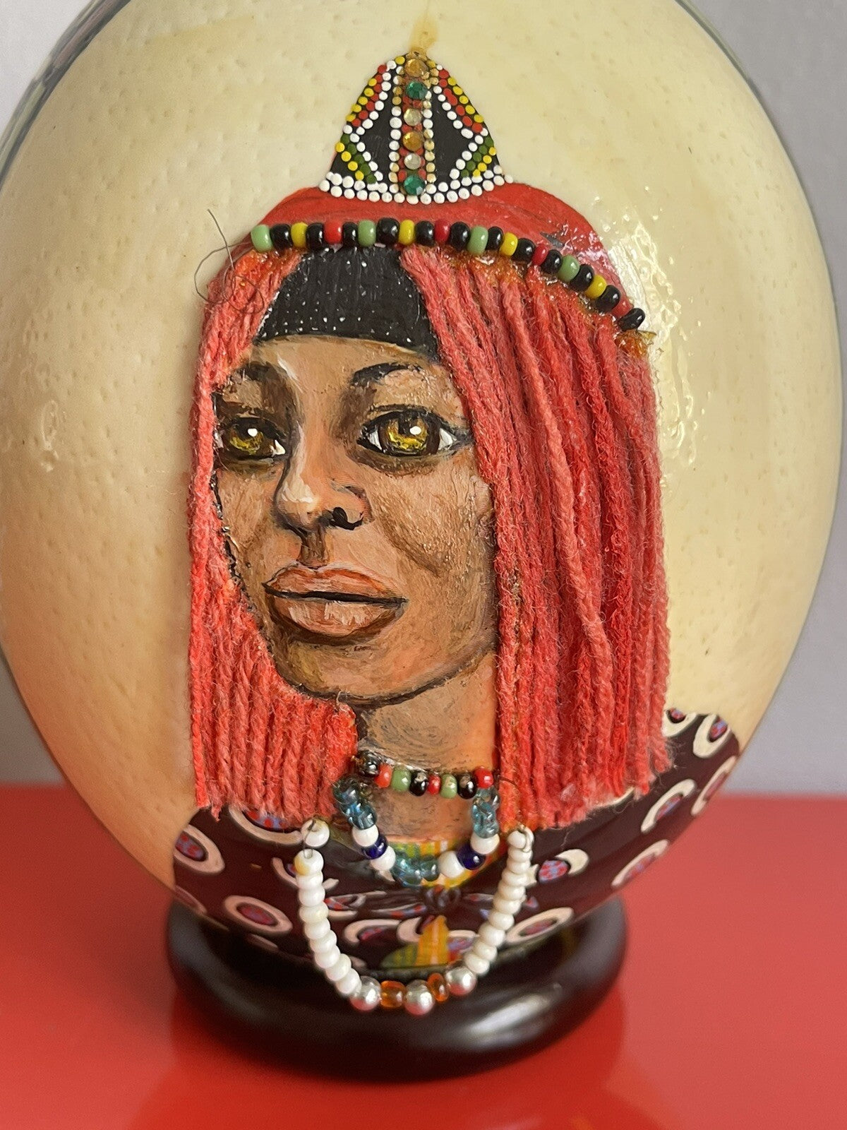 African Vintage Ostrich Egg Hand Painted Beaded Woman Portrait 6” SIGNED0