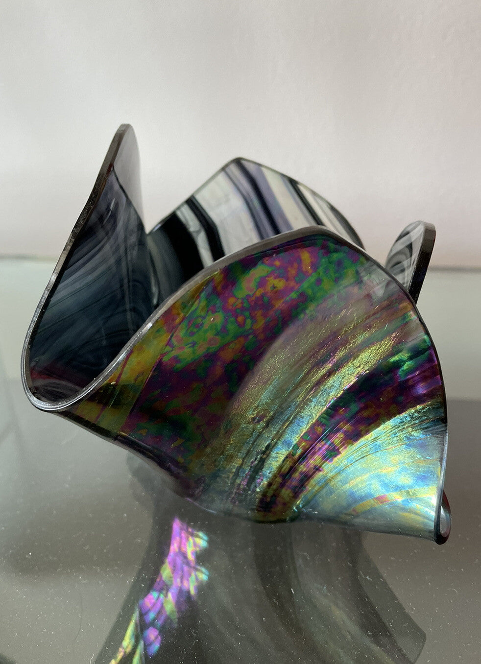 Iridescent Fazzoletto Folded Handkerchief Art Glass Signed Vintage 4” x 6” Excl2