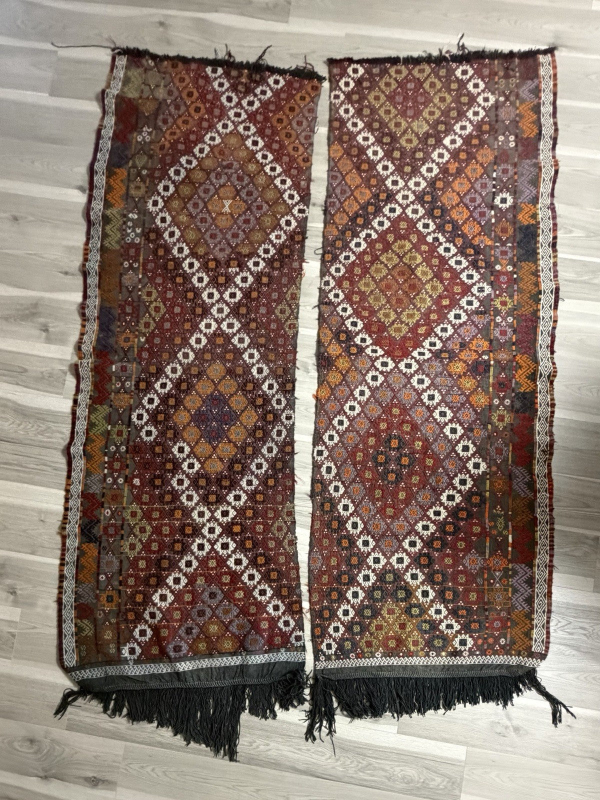 Antique Turkish Kilim Rugs 30” x 90” (x2) Hand Knotted Wool Rustic Boho Decor0