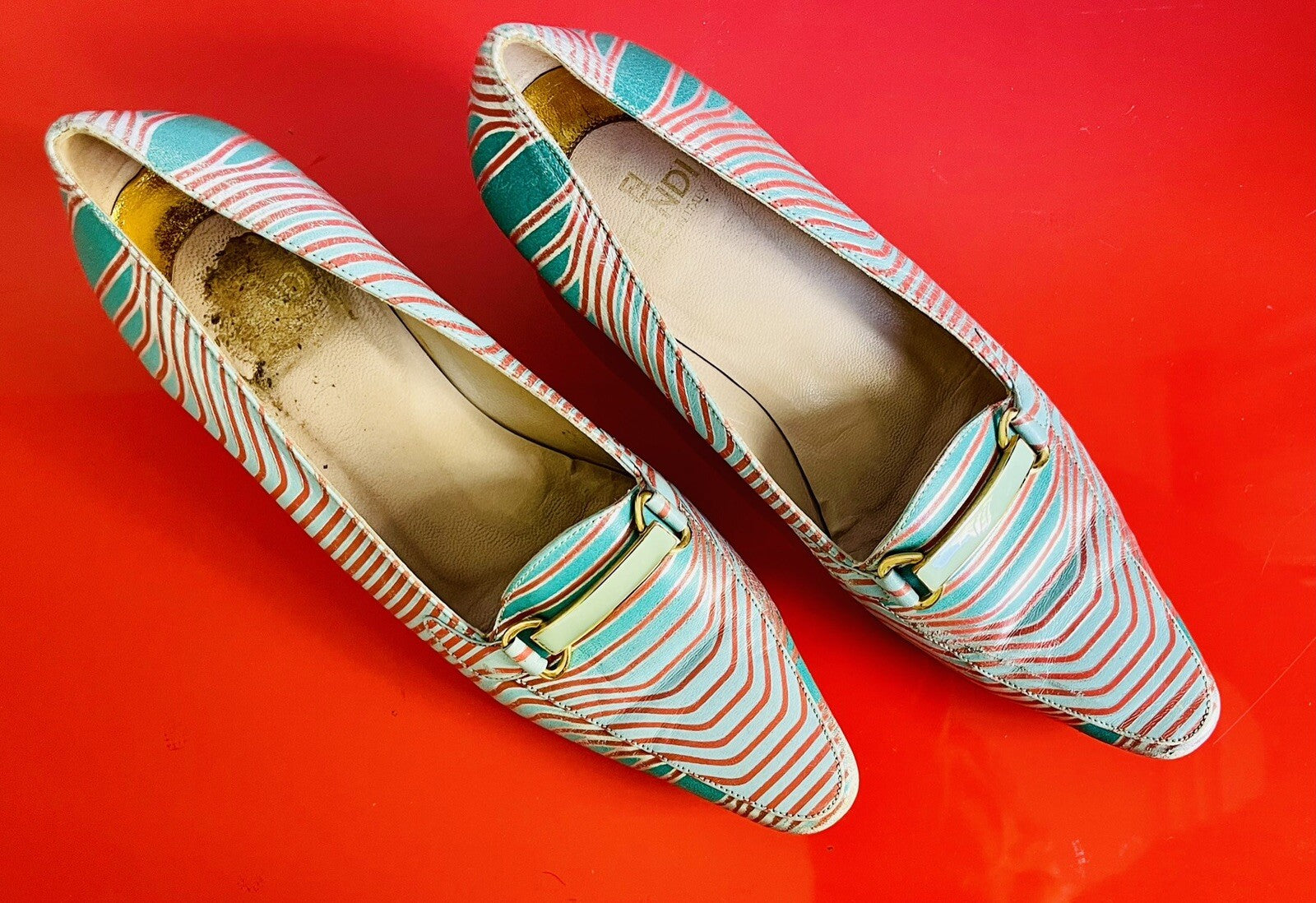 FENDI RETRO Size 35-1/2 Italy Vintage 80s 90s Kitten Heel Spring Striped Pumps2