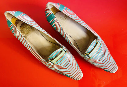 FENDI RETRO Size 35-1/2 Italy Vintage 80s 90s Kitten Heel Spring Striped Pumps2