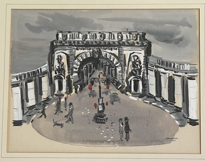 Orig. 1950 Parisian Arch Painting Fine Art Midcentury Watercolor Gouache Signed0