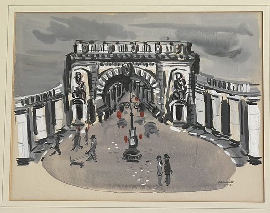 Orig. 1950 Parisian Arch Painting Fine Art Midcentury Watercolor Gouache Signed0
